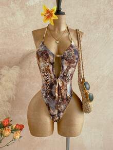 Soleia 女士性感露背系带动物纹连体泳衣，沙滩度假风 - 彩色 - 查看 1