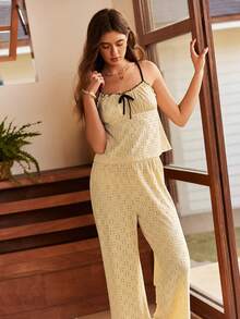 Lullawish Knitted Jacquard Contrast Color Ruffle Bohemian Boho Style Casual Vacation Camisole Women Pajama Set - Yellow - View 1
