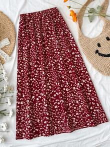 SHEIN 少女酒红色碎花高低摆半身裙 - 酒紅色 - 查看 7