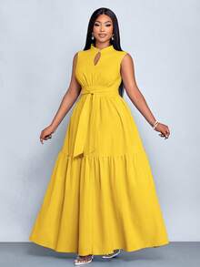 SOLERSUN 加大码蓝色立领前开襟无袖束腰系带连衣裙女式优雅休闲时尚通勤外出连衣裙夏季新款女装 - 芥末黃 - 查看 6