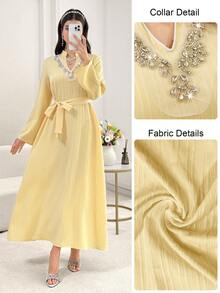 Yasmyna Elegant Women's Dress With Embroidered Beads, Rhinestones And Waist Tie, Long Sleeve, Fashionable And Graceful - Yellow - View 4