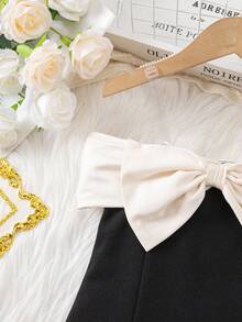 SHEIN Young Girls Off Shoulder Bow Decor Colorblock Elegant Dress - Black - View 5