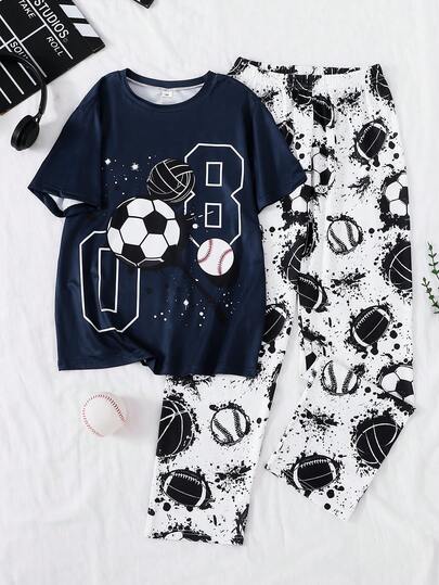 Tween Boys' Sports Graphic Print Short Sleeve 2 Pieces Pajama Set, Comfortable Casual Loungewear For Tween Boys, Tween Boys' Summer Sleepwear Set