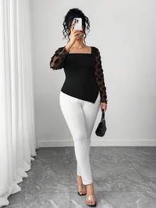 Elenzga Women's Plus Size Elegant Commuter 3D Floral Decor Mesh Splice T-Shirt, Autumn - Black - View 7