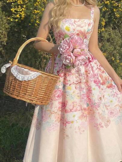 SHEIN MOD Women's Pink Floral Mid-Length Dress, Beach Dress,Vacation, Valentine's Day Dress,Floral Dress,Spring/Summer Outfits, Party , Holidays, Birthday,Festival,Wedding Garden Party Dresses Floral Formal Wear