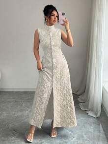 Elenzga 女士时尚优雅提花单排扣无袖连衣裙，女士优雅礼服，新娘彩排晚宴礼服，最新款女士连衣裙，正式场合女士连衣裙，优雅经典款 - 杏色 - 查看 4
