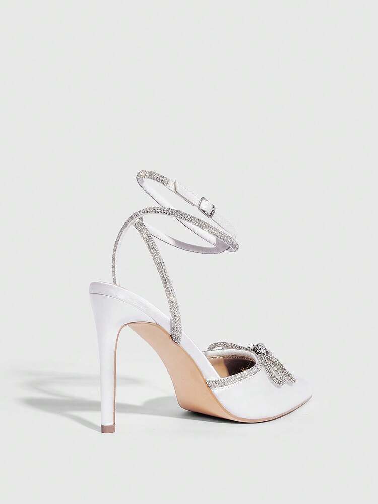 CUCCOO SZL Women's Rhinestone Bow Ankle Strap Stiletto High Heels Pointed Toe Sexy Low Vamp Shoes Bridal Banquet Ball Dress Shoes Christmas Valentine's Day Wear Spring Shoes - White - View 4