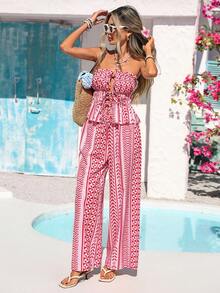 Vivid Eden Conjunto de 2 piezas de top corto con nudo delantero y pantalones de pierna ancha con estampado geométrico de rayas, estilo bohemio para vacaciones de verano - Multicolor - Ver 5