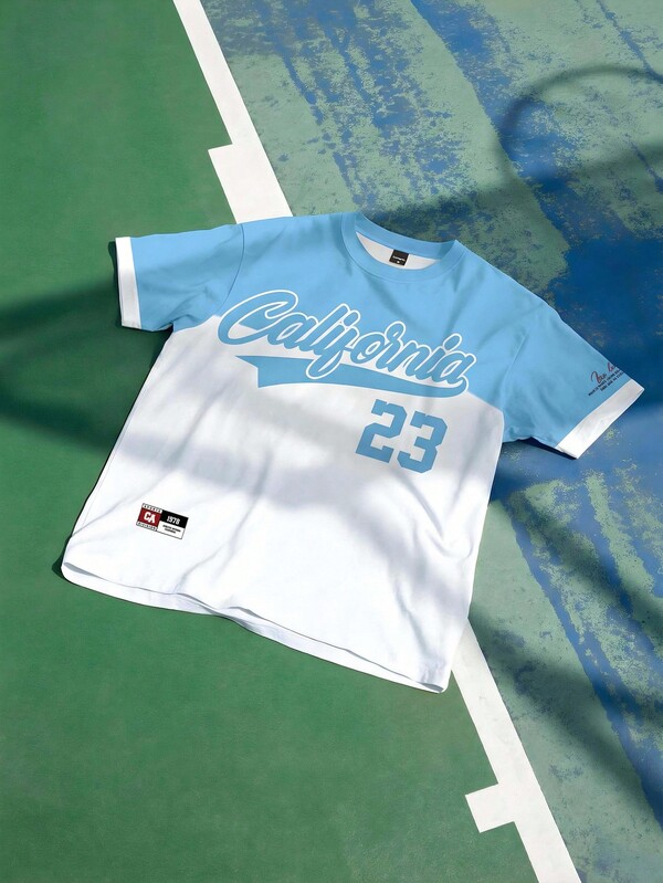 Aesthetic Post Áo thun cổ tròn họa tiết khối màu tương phản xanh + trắng California 23 phong cách Mỹ cổ điển, áo thun học sinh thường ngày unisex, áo thun cặp đôi in họa tiết Mỹ