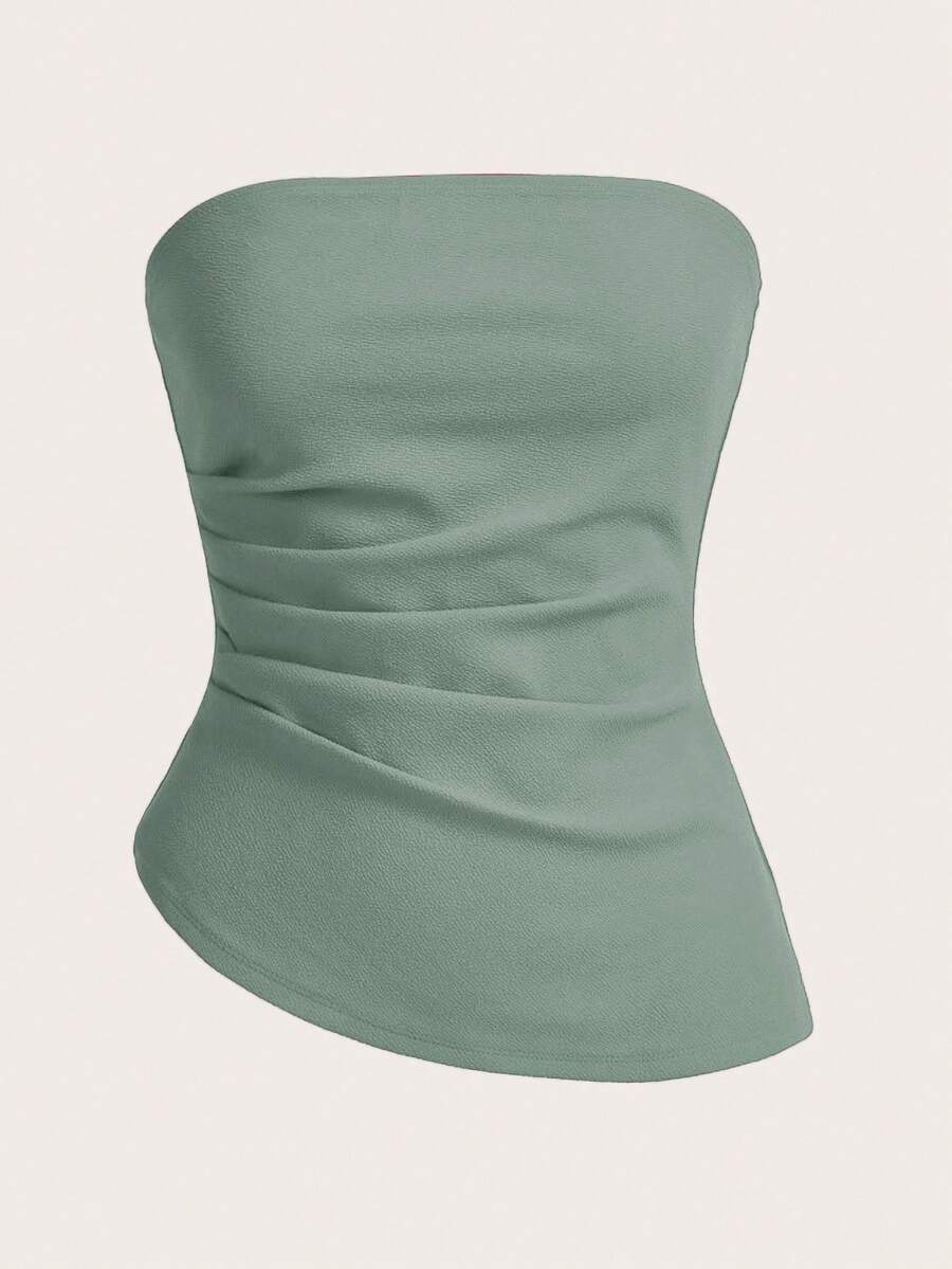 SHEIN Essnce Women's Casual Solid Color Pleated Tube Top, Suitable For Summer Daily Wear Strapless Top Sage Green Top Curve Tube Top Long Tube Top Fitted Tube Top - Mint Green - View 1