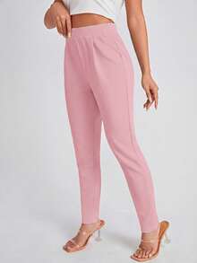 SHEIN Essnce Women's Casual Solid Color Pleated Pocket Pants - Pink - View 3