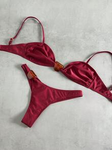 Swim Basics 2件套纯色石纹装饰优雅女士泳装套装，春夏款 - 酒紅色 - 查看 3