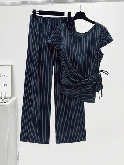 GlowEve CURVE Plus Size Women Striped Boat Neck Short Sleeve Twist Front Top And Mid-Waist Straight Leg Pants Set