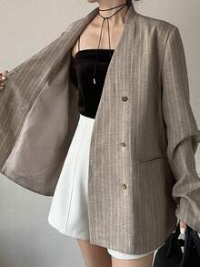 FRIFUL Women's Striped V-Neck Double-Breasted Metal Button Loose Casual Versatile Spring Blazer - Khaki - View 1