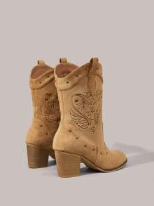 Styleloop Women's Pointed Toe Studded Western Style Fashion High Heel Mid-Calf Boots - Brown - View 5