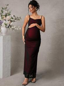 Momance 孕妇纯色网纱拼接优雅派对鸡尾酒礼服 - 酒紅色 - 查看 3