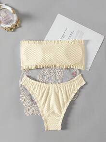 Swim Basics 女士纯色荷叶边系带性感比基尼泳装套装，夏季沙滩 - 杏色 - 查看 3