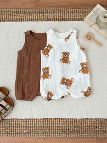 SHEIN Set de 2 piezas de pelele sin mangas con estampado de oso lindo para bebé recién nacido niño/niña, para verano - Marrón - Ver 5