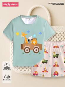 SHEIN Playful Pals 一套婴儿男童休闲卡通汽车动物印花T恤和短裤套装，短袖上衣印有车辆和动物图案，可爱日常玩耍装，春夏款 - 彩色 - 查看 8