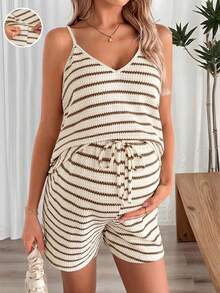 SHEIN Maternity Women's Striped Camisole Top And Adjustable Waist Shorts Set - Coffee Brown - View 7