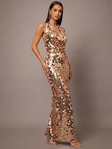 Silquee Đầm ôm dáng thanh lịch đính sequin dành cho nữ - Rượu sâm banh - Xem 4