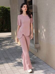 Mulvari Minimalist Elastic Waist Pink Slant Pocket Knit Flare Pants - Pink - View 2