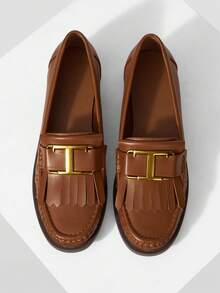 Mnmlis Women's Retro British Style Commuter Vintage Gold Buckle Brown Round Toe Flat Thick Heel Slip-On Loafers Casual Shoes Valentine's Day - Brown - View 2