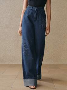 Anewsta Women's Romantic Glitter Straight Leg Jeans, Suitable For Valentine's Day Party And Vacation, Blue - Blue - View 5