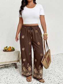 SHEIN Frenchy 大码女式印花系带阔腿休闲裤棕色裤子女式夏季裤刺绣裤印花裤抽绳裤春季女式下装 - 棕色 - 查看 4