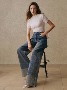 Anewsta New Rhinestone Embellished Women's Blue Straight Leg Jeans Bling Jeans Studded Jeans Wide Leg Jeans Woman Rhinestone Denim Rhinestone Jeans - Blue - View 4