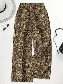 EMERY ROSE New Vintage Fashionable Lightweight Leopard Print Yellow Wide Leg Pants, Drawstring Elastic Waist Slim Straight Leg Pants, Casual Straight Trousers, Plus Size - Multicolor - View 1