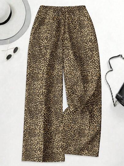 EMERY ROSE New Vintage Fashionable Lightweight Leopard Print Yellow Wide Leg Pants, Drawstring Elastic Waist Slim Straight Leg Pants, Casual Straight Trousers, Plus Size