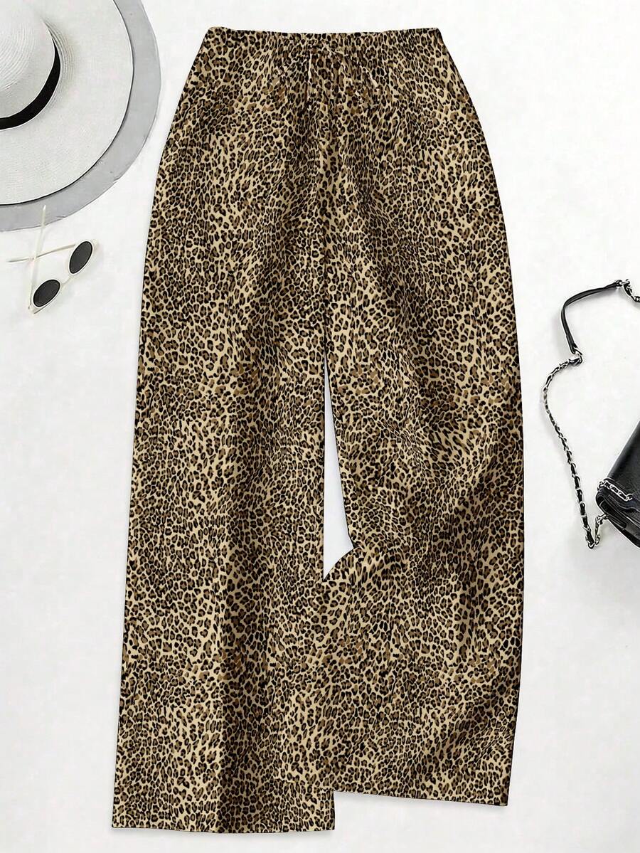 EMERY ROSE New Vintage Fashionable Lightweight Leopard Print Yellow Wide Leg Pants, Drawstring Elastic Waist Slim Straight Leg Pants, Casual Straight Trousers, Plus Size - Multicolor - View 1