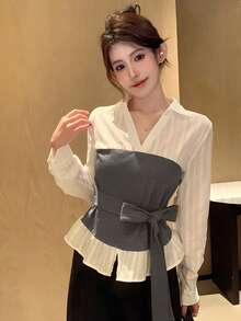 DAZY 女士二合一系带领长袖优雅正式衬衫，春秋季 - 白色 - 查看 6