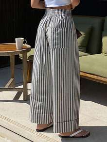 DAZY 撞色条纹宽松阔腿裤，松紧腰七分休闲裤，女士春秋季款 - 白色 - 查看 2