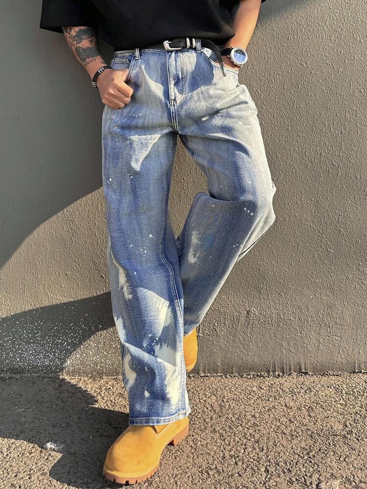 Spring Distressed White Splatter Design Streetwear Men's Jeans