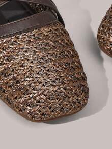 Styleloop Women Shoes Holiday Style Woven Shoes Noodle Belt Women's Flat Shoes Holiday Style Wear BOHO Wear American Retro Style Bohemian Style Western Style Music Festival Wear Party Wear Flat Women's Shoes - Coffee Brown - View 3