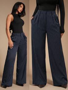 Radiana Women's Minimalist Modern Navy Blue Striped Suit Pants, High Waist Trousers, Blue Pants, Striped Pants, Oversized Wide Leg Pants, Casual Pants, Business Pants, Suitable For Casual Outings, Business, Office, Commuting, Formal Occasions Stripe Pants Navy Blue Pants Palazzo Pants Women Pleated Pants - Blue - View 5