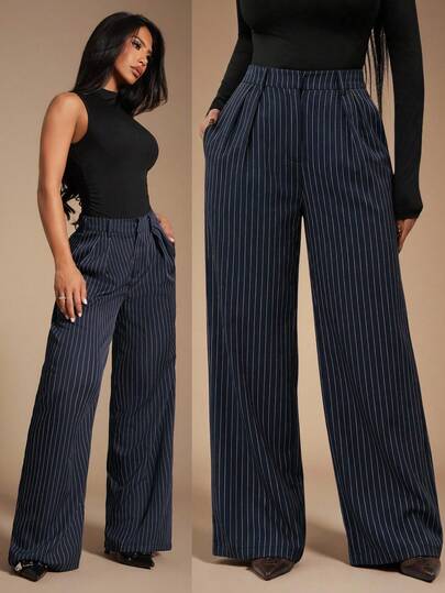 Radiana Women's Minimalist Modern Navy Blue Striped Suit Pants, High Waist Trousers, Blue Pants, Striped Pants, Oversized Wide Leg Pants, Casual Pants, Business Pants, Suitable For Casual Outings, Business, Office, Commuting, Formal Occasions Stripe Pants Navy Blue Pants Palazzo Pants Women Pleated Pants