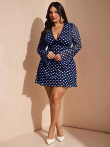 SHEIN BAE Đầm mùa hè dáng rộng tay dài cổ chữ V chấm bi dành cho nữ cỡ lớn - Màu xanh hải quân - Xem 4