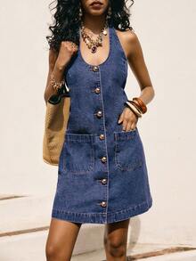Poéselle Women's Denim Dress, Fitted Halter Neck, Single-Breasted Metal Button, Backless Casual Suspender Denim Dress, Dark Blue Summer Dress. Spring Clothing Valentine's Day Beach Dress Vacation Dress Casual Dresses For Women Holiday Clothes - Dark Wash - View 5