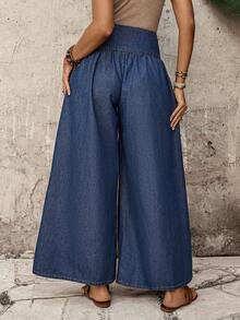 EMERY ROSE 女士休闲日常褶皱宽松阔腿牛仔裤，夏季 - 藍色 - 查看 3