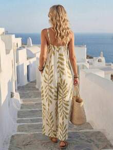 EMERY ROSE 女士植物印花圆领无袖休闲宽松连体裤 - 黃色 - 查看 2