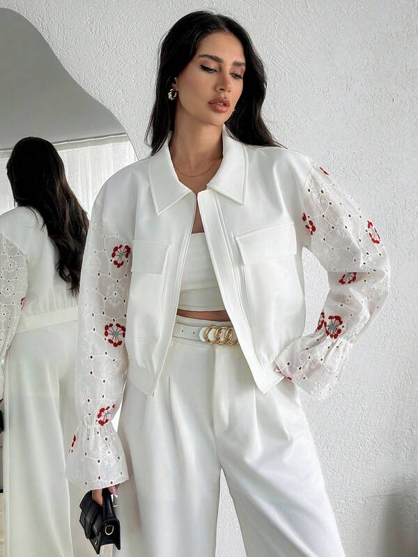SHEIN Women's Casual Hollow Out Embroidered Drop Shoulder Long Sleeve Jacket With Pockets, Spring/Autumn