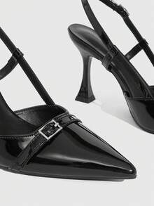 CUCCOO SZL Zapatos de mujer con hebilla y decoración de hebilla ajustable, tacón de copa de vino de 9 cm, tacones altos elegantes de tacón de aguja, material de PU espejo, tacones altos negros de tacón de gatito, versátiles y de moda, adecuados para uso diario/fiesta/Navidad/profesional - Negro grafito - Ver 6