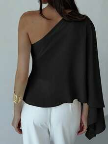 Aloruh Minimalist Commuter Shawl Collar Metal Decor Fitted Apricot Women Blouse,Summer Top - Black - View 2