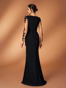 Serin 优雅奢华的珍珠钻石刺绣蕾丝贴花透视袖拼接弹力针织褶皱荷叶边鱼尾连衣裙，适合婚礼、派对、度假、新娘、新娘母亲、晚礼服等场合。 - 黑色 - 查看 3