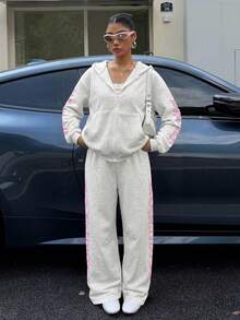 Muchica 2pcs/Set Women Pink Knitted Hoodie Top And Pants - Light Grey - View 3