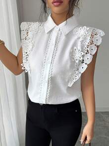 Elenzga Áo kiểu nữ dáng tiêu chuẩn mùa xuân/hè, phối ren, họa tiết hoa 3D, thanh lịch. - trắng - Xem 7