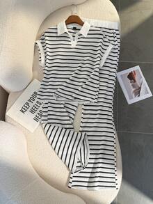 GlowEve 两件套女士菠萝提花 Polo 领套装，度假休闲女装 - 黑與白 - 查看 3